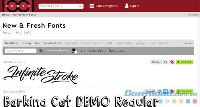 Giao diện chính của web 1001 Fonts