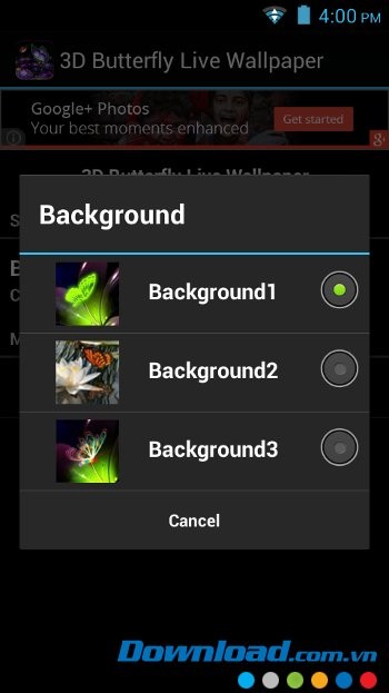 3D Butterfly Live Wallpaper với giao diện chọn hình nền