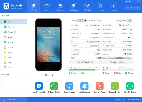 3uTools sẽ hiển thị thông tin cơ bản về iPhone