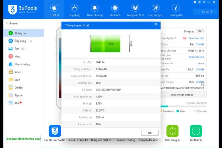 Kiểm tra chi tiết tình trạng pin iPhone với 3uTools