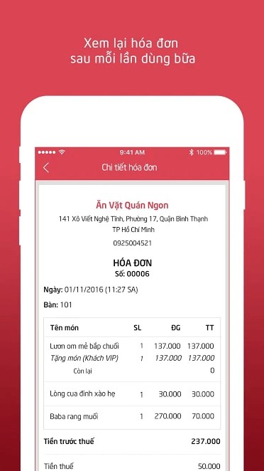 Với 5Food bạn có thể xem lại hóa đơn sau mỗi lần dùng bữa