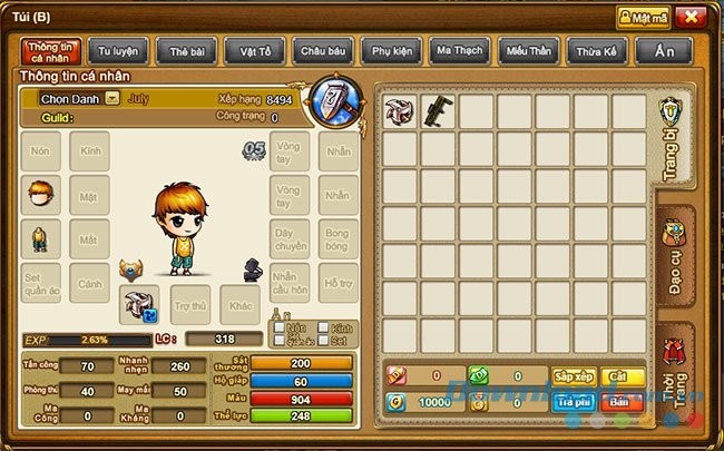 Mở Túi đồ của nhân vật trong 7 viên ngọc rồng gunny