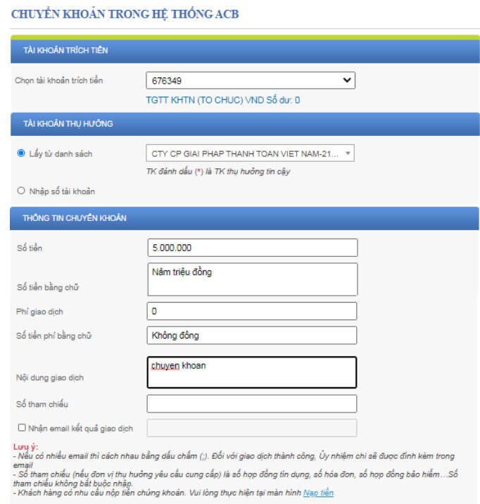 Hệ thống chuyển khoản tại trang ACB ONE Biz