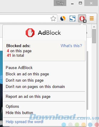Chọn hành động đối với AdBlock cho Chrome