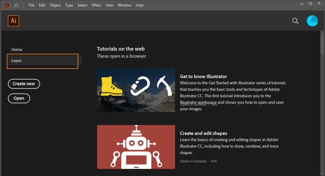 Màn hình tài liệu hướng dẫn của Adobe Illustrator 2020
