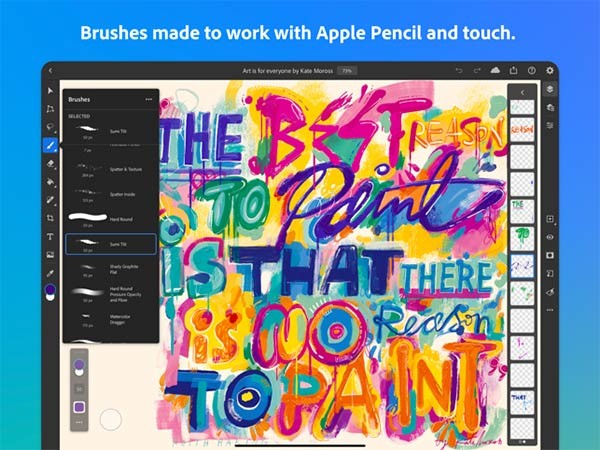 Bút vẽ trong Adobe Photoshop Mobile tương thích tốt với Apple Pencil và thao tác chạm