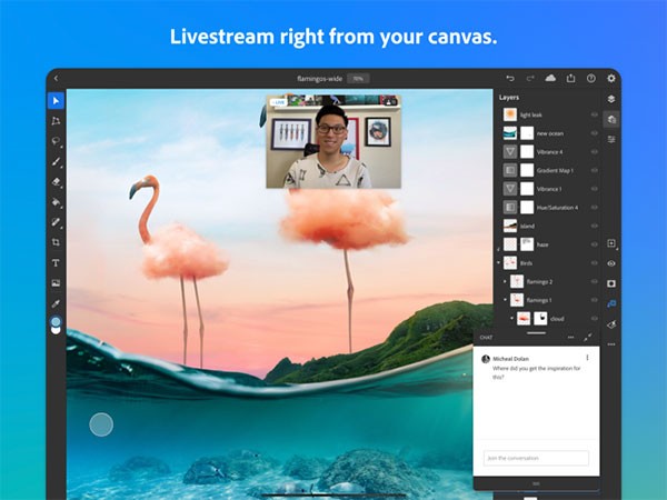 Livestream ngay trên canvas để kết nối với cộng đồng Photoshop Mobile