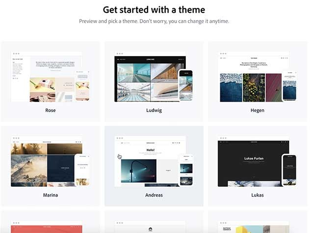 Adobe Portfolio có rất nhiều theme sáng tạo và đa dạng để bạn lựa chọn