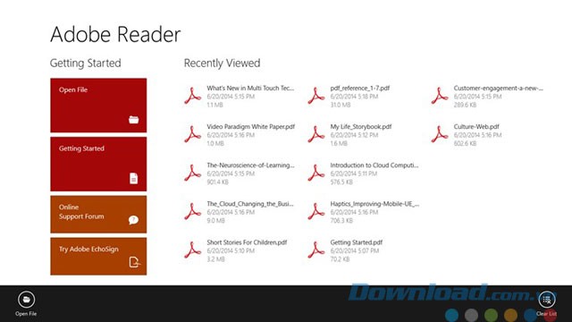Giao diện màn hình chính của Adobe Reader Touch