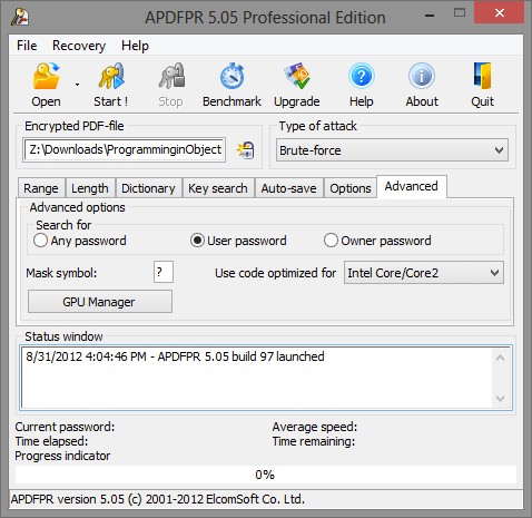 Màn hình giao diện làm việc chính của Advanced PDF Password Recovery (APDFPR)