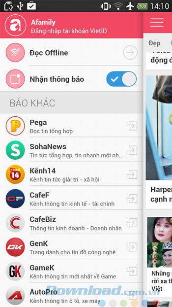 Danh mục chính của ứng dụng Afamily