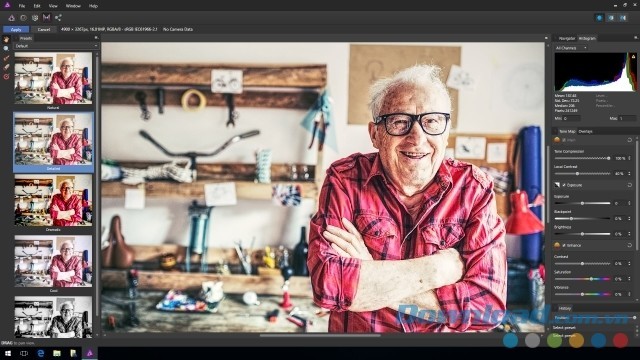 Giao diện chính tối màu, trông dễ nhìn của ứng dụng chỉnh sửa ảnh Affinity Photo cho máy tính