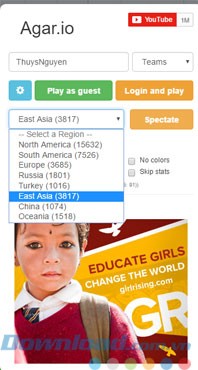 Lựa chọn khu vực chơi