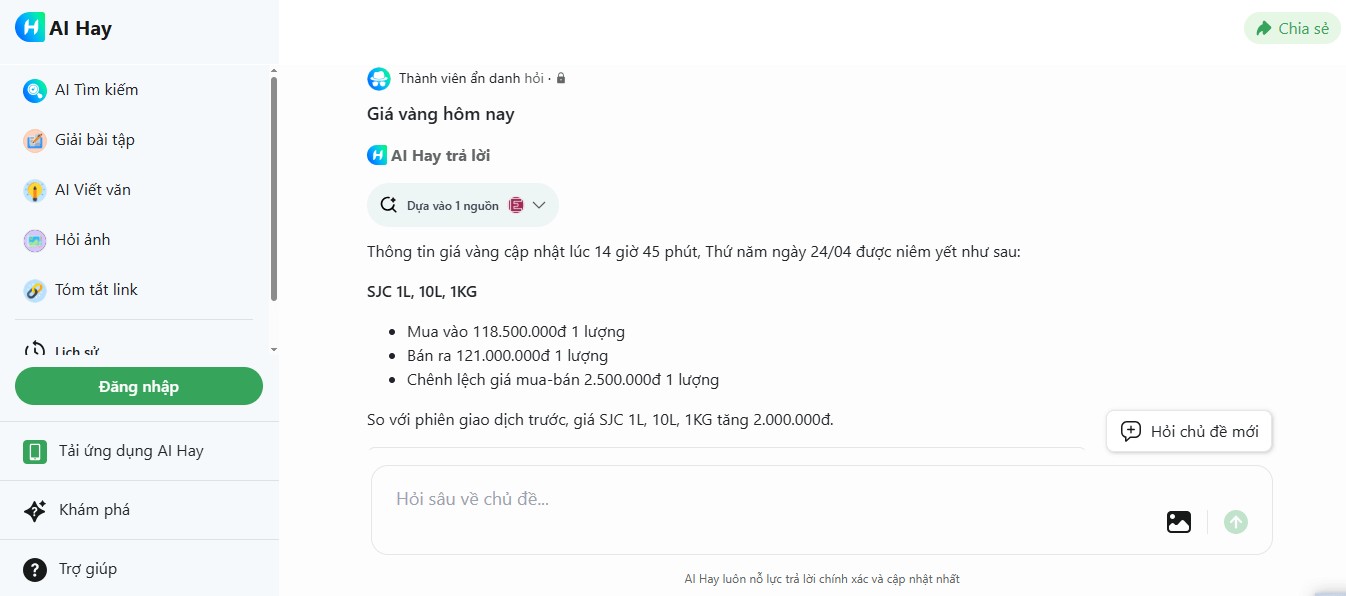Giao diện chính của trang AI Hay - Hỏi đáp cùng AI