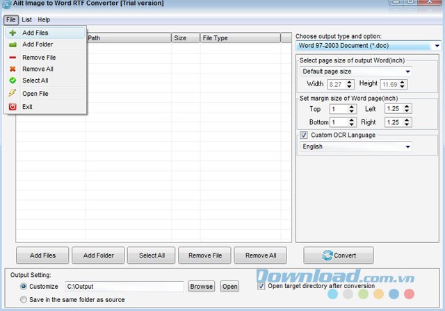 Một số lựa chọn file trong phần mềm