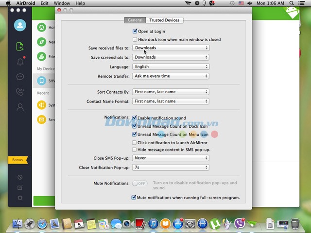 Một số cài đặt của AirDroid
