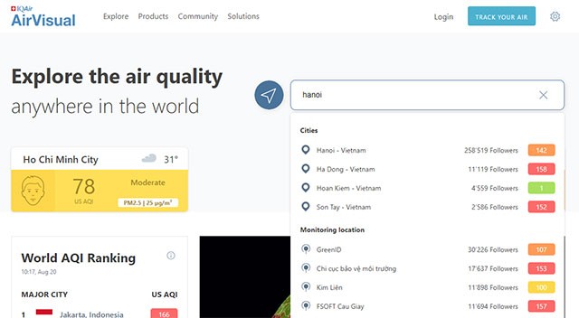 Tìm kiếm thành phố bất kỳ để kiểm tra mức độ ô nhiễm không khí tại đó