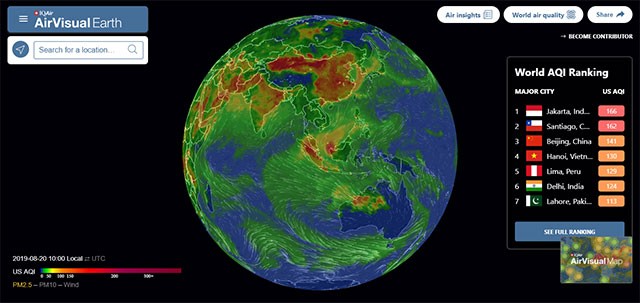 Khám phá bản đồ chất lượng không khí thế giới với AirVisual Earth