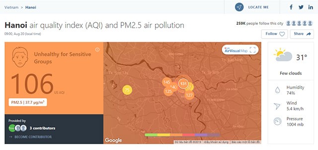 AirVisual cung cấp dữ liệu chất lượng không khí trong thời gian thực và đưa ra dự báo