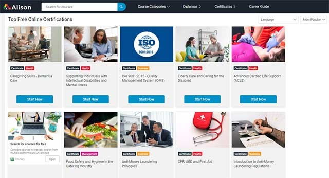 Alison cung cấp hàng ngàn các khóa học trực tuyến với chứng chỉ liên quan