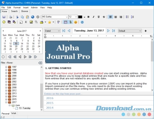 Giao diện chính của Alpha Journal Pro