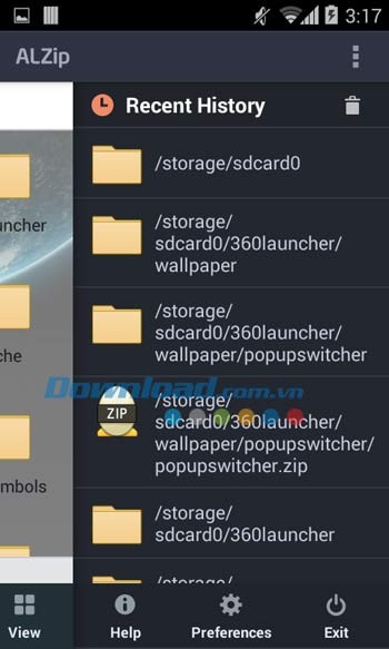 ALZip hiển thị lịch sử truy cập ứng dụng