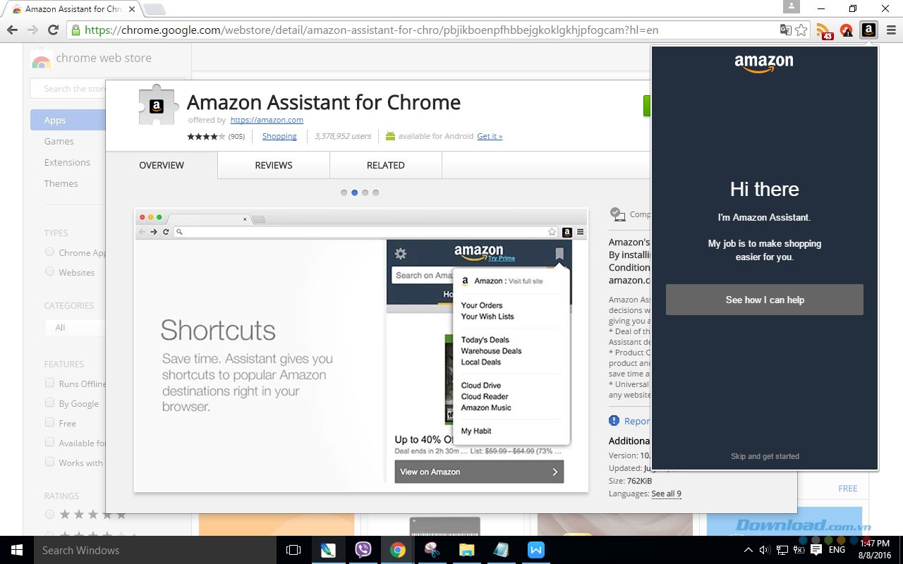 Giao diện Amazon Assistant trên Chrome