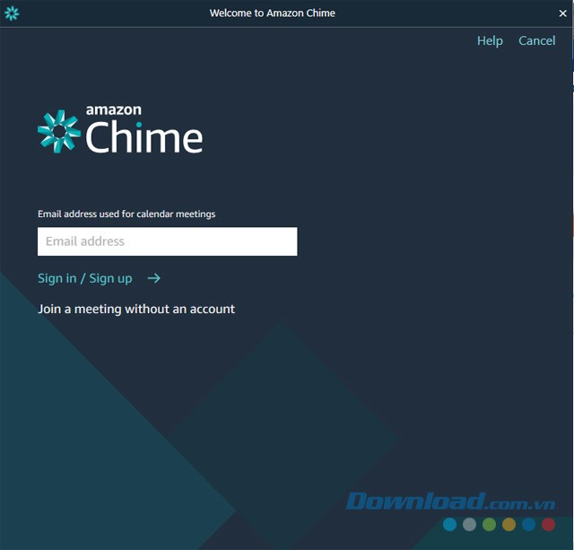 Giao diện chào mừng của ứng dụng chat & gọi video Amazon Chime cho máy tính