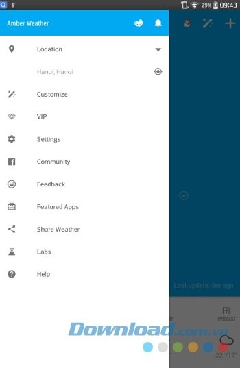 Menu ứng dụng Amber Weather