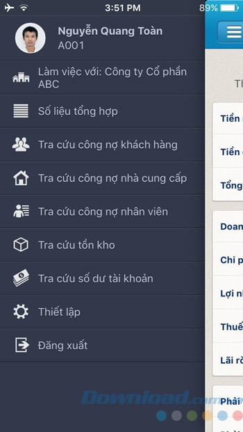 Danh mục chính của ứng dụng Amis SME