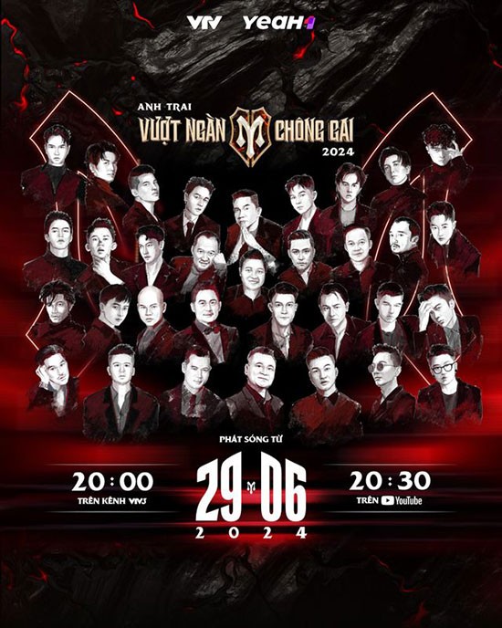 Poster chương trình Anh Trai Vượt Ngàn Chông Gai, với sự tham gia của 33 anh tài đang hoạt động trong nhiều lĩnh vực