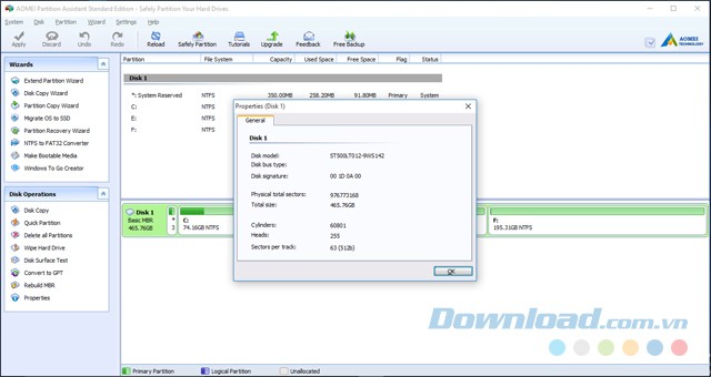 Xem một số thông tin về ổ đĩa trong phần mềm quản lý phân vùng miễn phí AOMEI Partition Assistant Standard