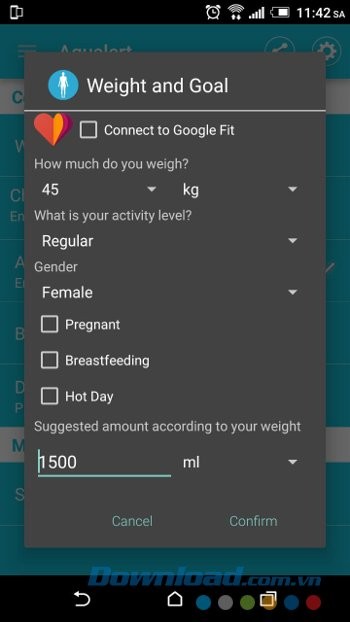 Aqualert nhắc nhở lượng nước cần uống dựa trên thông tin bạn điền