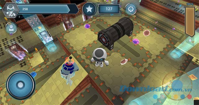 Điều khiển nhân vật người máy màu trắng trong game hành động phiêu lưu Arcadian cho máy tính và Windows Phone