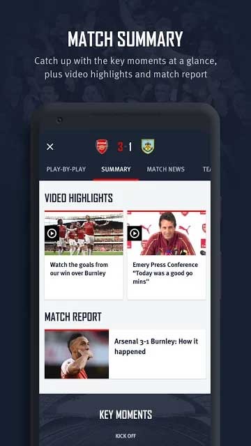 Arsenal Official App cho Android tổng kết thông tin trận đấu