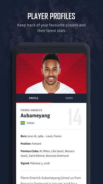 Thông tin cầu thủ Arsenal Official App cho Android
