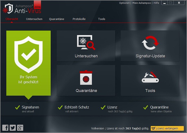 Giao diện chính của phần mềm diệt virus Ashampoo Anti-Virus 2016