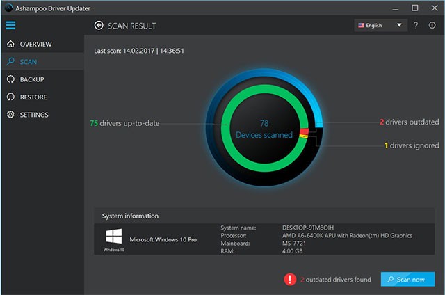 Giao diện chính của phần mềm Ashampoo Driver Updater