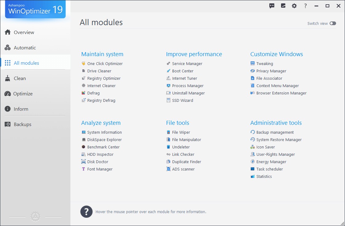 Tất cả module trên Ashampoo Winoptimizer 2021