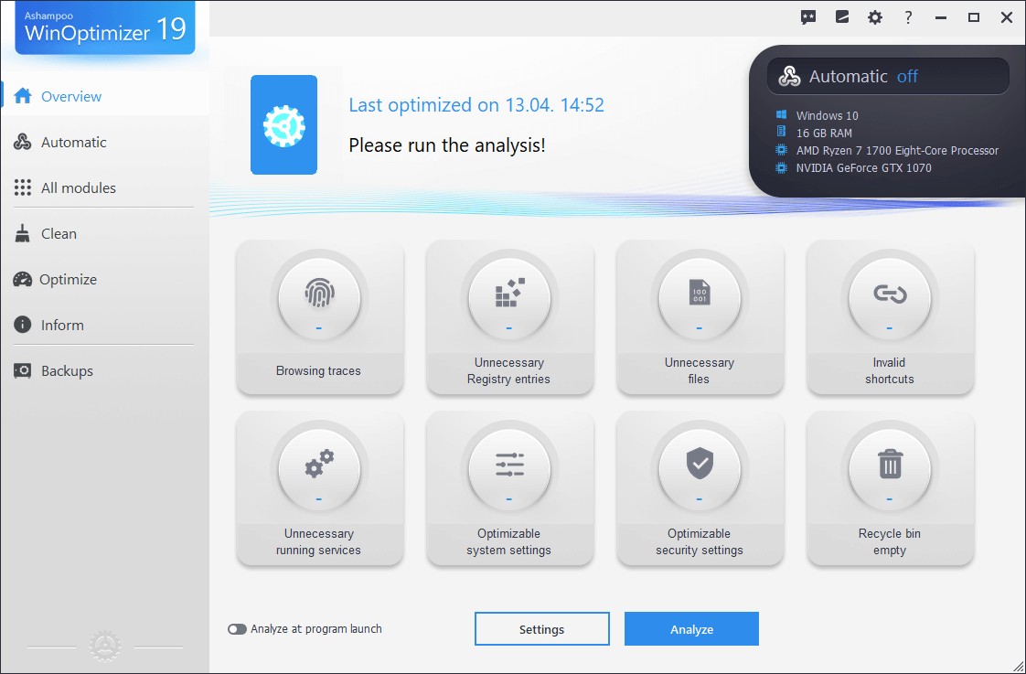 Ashampoo WinOptimizer 19 - Startscreen Light Skin