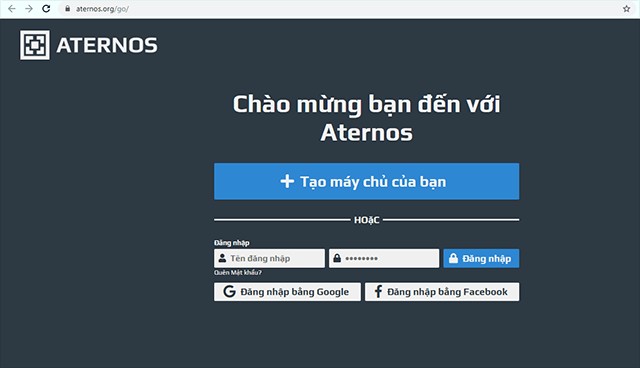 Giao diện đăng ký Aternos để bắt đầu tạo server Minecraft miễn phí