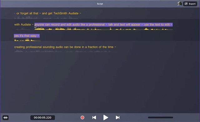 Giao diện phần mềm ghi âm và chỉnh sửa âm thanh Audiate