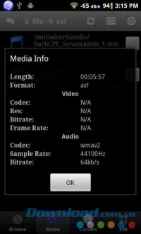 Audio Editor for Android hiển thị thông tin media