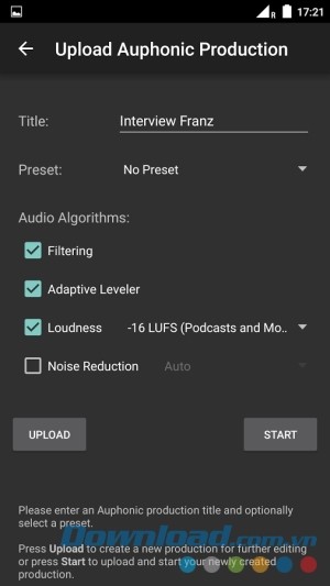 Giao diện upload của Auphonic Edit cho Android