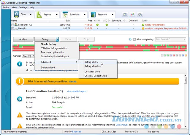 Giao diện phần mềm Auslogics Disk Defrag Pro