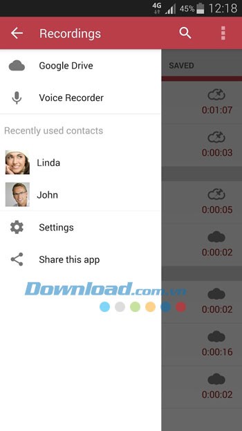 Menu ứng dụng Call Recorder cho Android