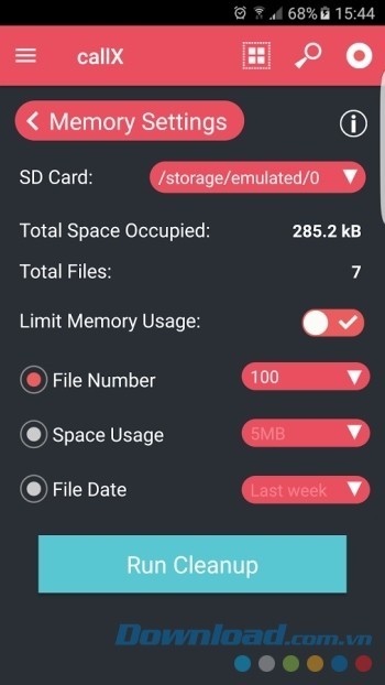 Thiết lập giới hạn bộ nhớ dành cho các tập tin ghi âm cuộc gọi