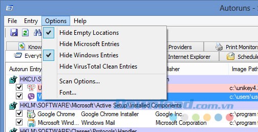 Lựa chọn trong mục Options