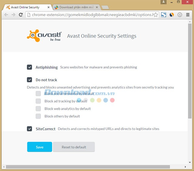 Các tùy chọn của Avast Online Security