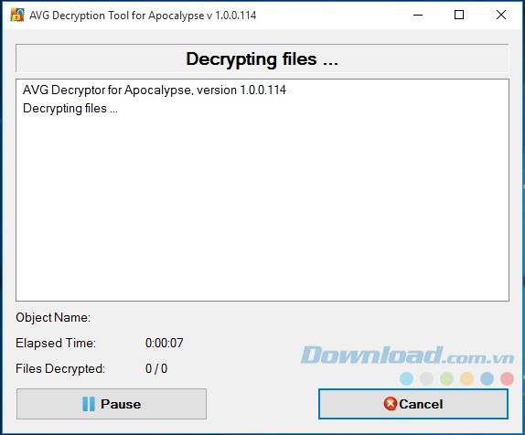 Chờ phần mềm khôi phục AVG Decryption Tool For Apocalypse thực hiện quá trình giải mã các tập tin